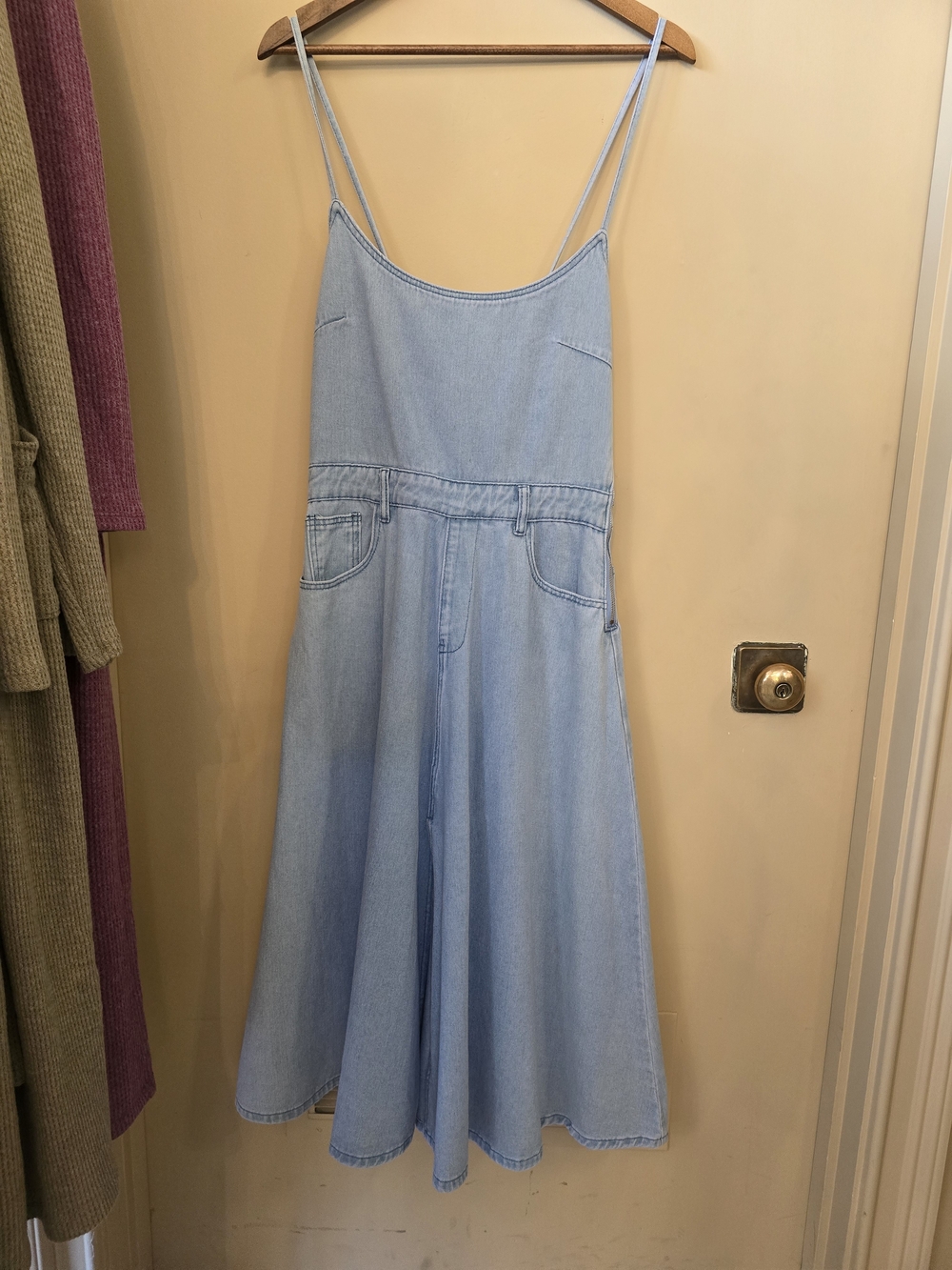 Molly Bracken Light Blue Denim Midi Sundress with Spaghetti Straps